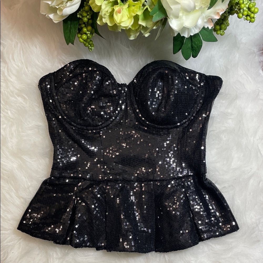 Bebe Black Sequin Peplum Bustier Top